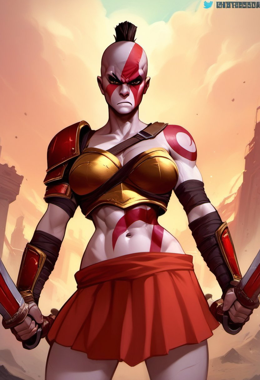 <lora:MtF_Genderswap:1>, genderswap \(mtf\), Kratos, solo, 1girl, large breasts, looking at viewer, mohawk, navel, angry, standing, gold chest armor, red skirt, outdoors, dual wielding swords, battlefield, BREAK , zPDXL, score_9, score_8_up, score_7_up, score_6_up, score_5_up, score_4_up