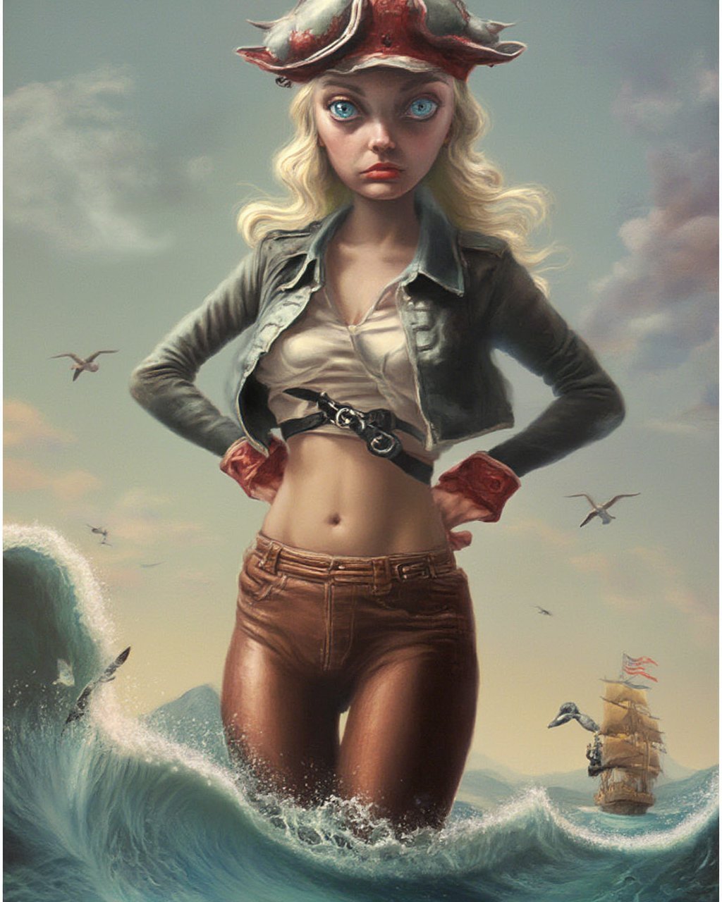 1girl, solo, long_hair, breasts, blue_eyes, blonde_hair, large_breasts, shirt, cleavage, medium_breasts, jacket, cowboy_shot, outdoors, parted_lips, sky, belt, pants, cloud, water, lips, bird, ocean, scar, cloudy_sky, wind, hands_on_hips, realistic, watercraft, brown_pants, ship, waves, boat, seagull, pirate, surreal, lowbrow art style