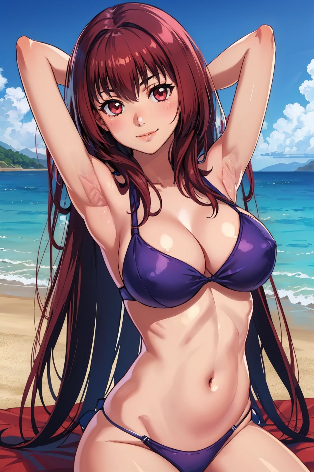 (masterpiece, best quality:1.2), solo, 1girl, scathachheroic, smile, looking at viewer, seiza, arms behind head, purple bikini, large breasts, outdoors, beach <lora:fate_scathach_heroic:1>