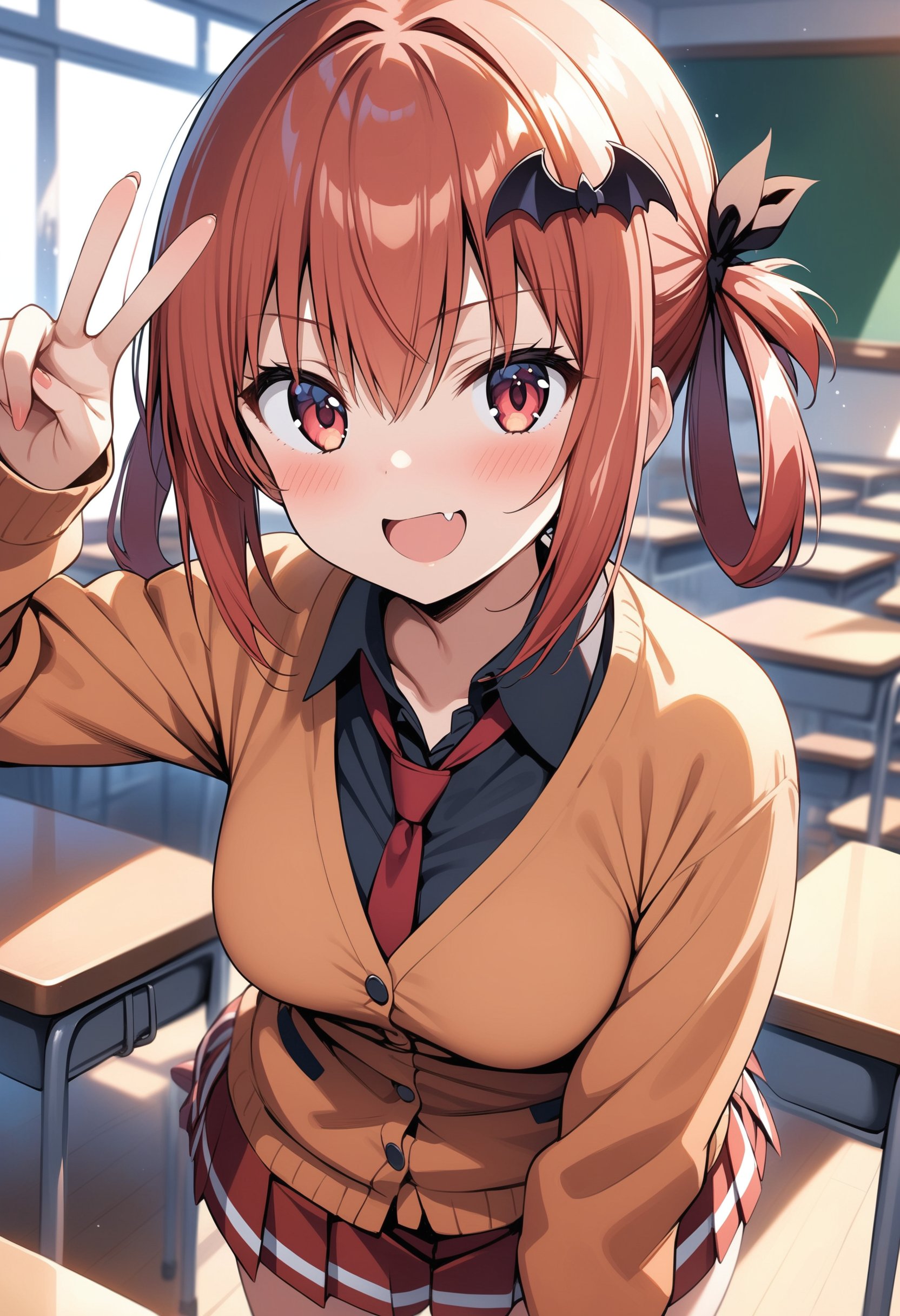 masterpiece, best quality, ultra detailed, very aesthetic,1girl, satanichia kurumizawa mcdowell, gabriel dropout, fang, collared shirt, red hair, red eyes, hair rings, bat hair ornament, school uniform, red necktie, black shirt, pleated skirt, red skirt, smile, open mouth, orange cardigan, v, blush, indoors, classroom,