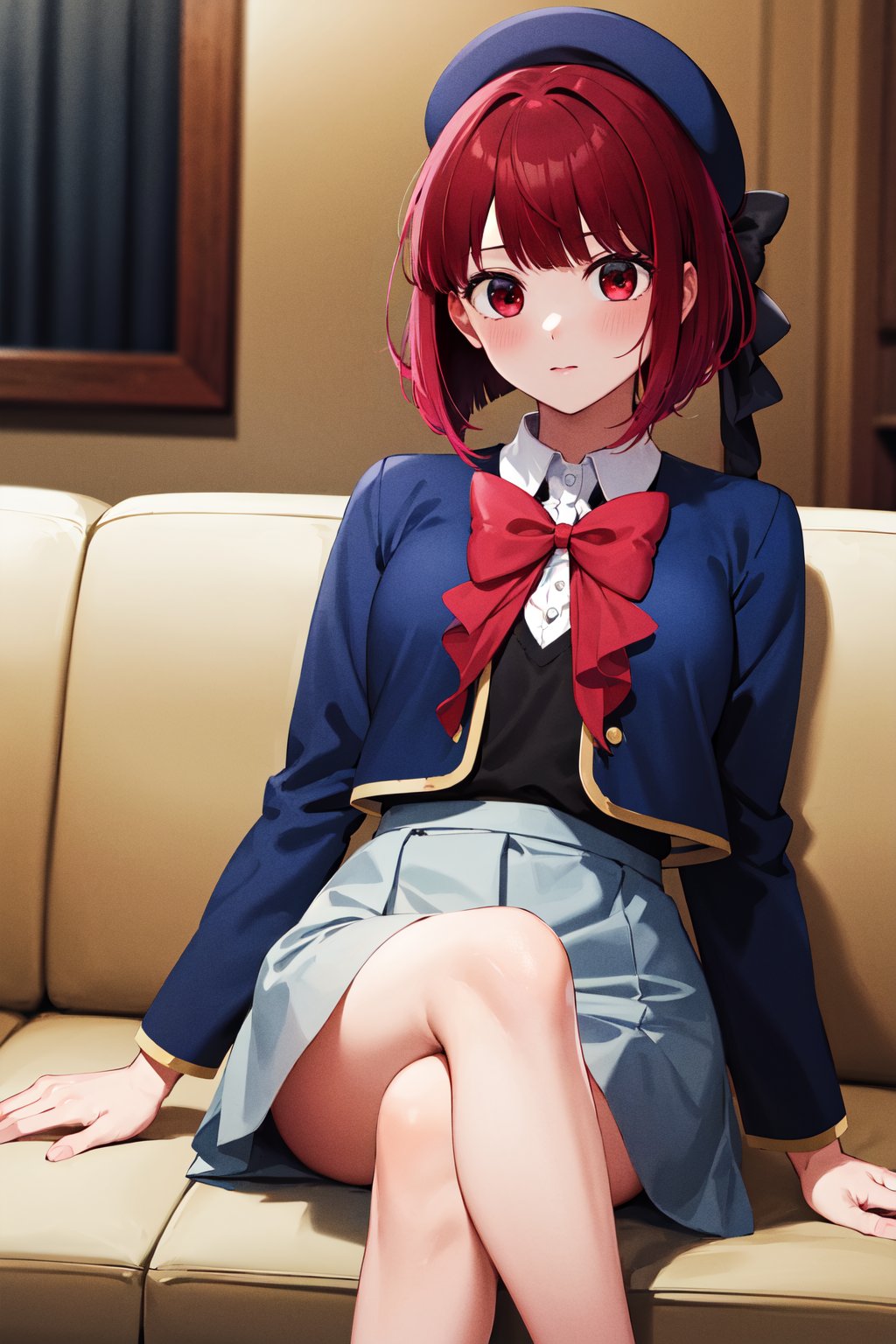 masterpiece, best quality, highres, aakana, aakana, short hair, beret, red eyes, blue headwear, red bowtie, collared shirt, blue jacket, open jacket, long sleeves, grey skirt, <lora:arima_kana_v1:0.7>, room, sitting, crossed legs, sofa