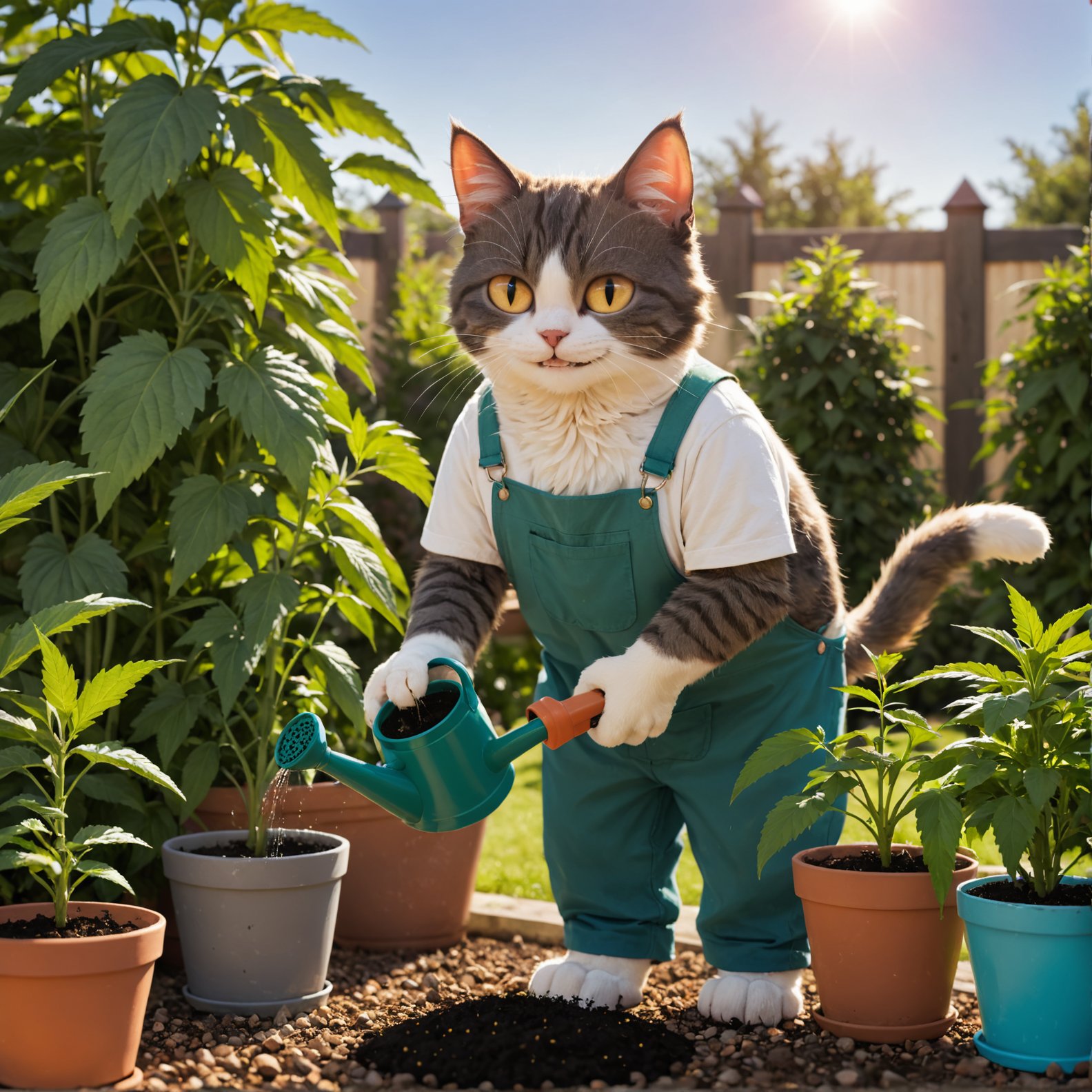 detailed cute cat gardener, watering his cannabis plant in a sunny garden, smiling <lora:Furry Enhancer 6.1:0.3>