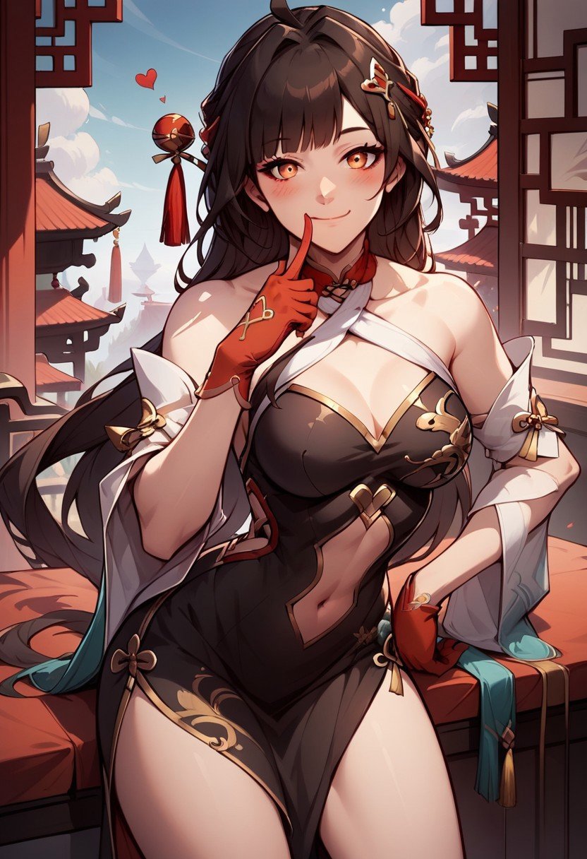 score_9,score_8_up,score_7_up,source_anime, Lingsha,1girl,solo,breasts,looking at viewer,blush,smile,hair ornament,gloves,dress,navel,closed mouth,bare shoulders,medium breasts,heart,cowboy shot,detached sleeves,black dress,hand on own hip,clothing cutout,leaning forward,chinese clothes,tassel,index finger raised,red gloves,finger to mouth,navel cutout,ara haan,