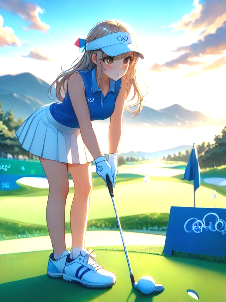 source_anime, holding golf club, playing golf, golf course, golf ball, full body, 1girl, leaning forward, olympic rings, visor cap, polo shirt, sleeveless, skirt, gloves, sneakers, shy, blush, parted lips, big tits, outdoors, sunrise, gradient sky, colorful sky, flagpole, <lora:girllikeplayinggolf_pony:1>