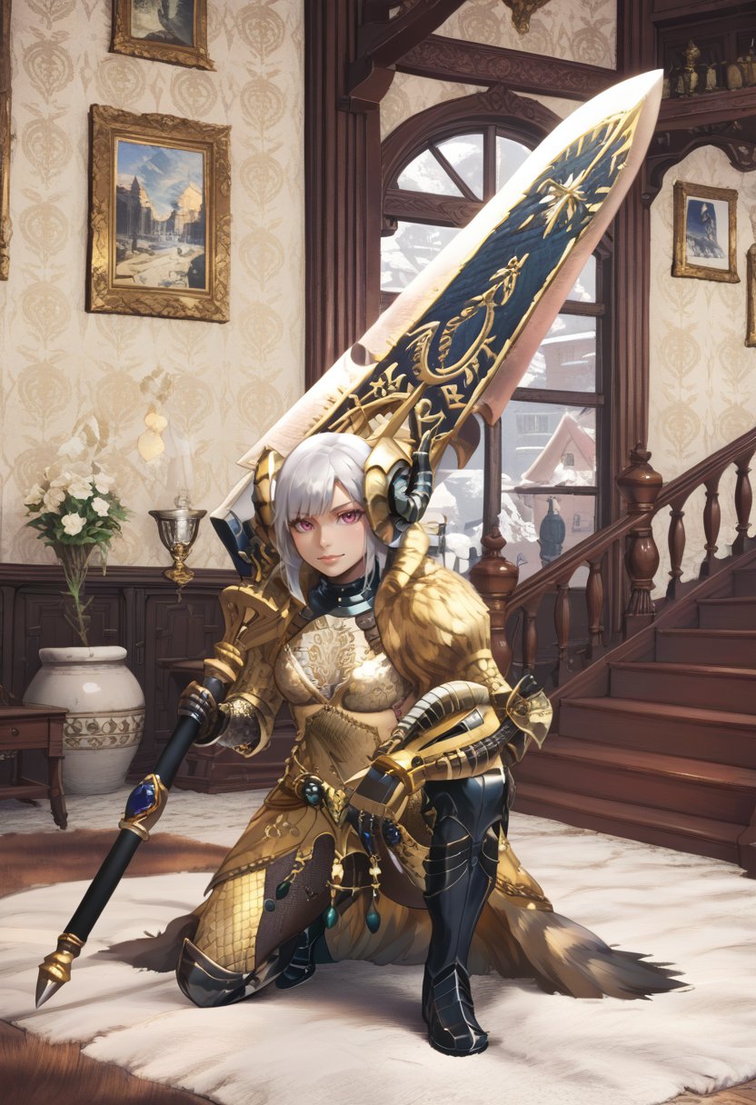 (score_9:0.9),score_8_up,score_7_up,rating_safe,anime style,(zPDXL),<lora:Kulve Taroth Alpha Armor ponyXL v1.3:0.77>,kulve taroth alpha armor,gold dress,solo,huge weapon,one knee,stairs,1girl,gold horn,gold gauntlets,indoors,looking at viewer,black thigh boots,holding weapon,white hair,painting,greatsword,weapon over shoulder,