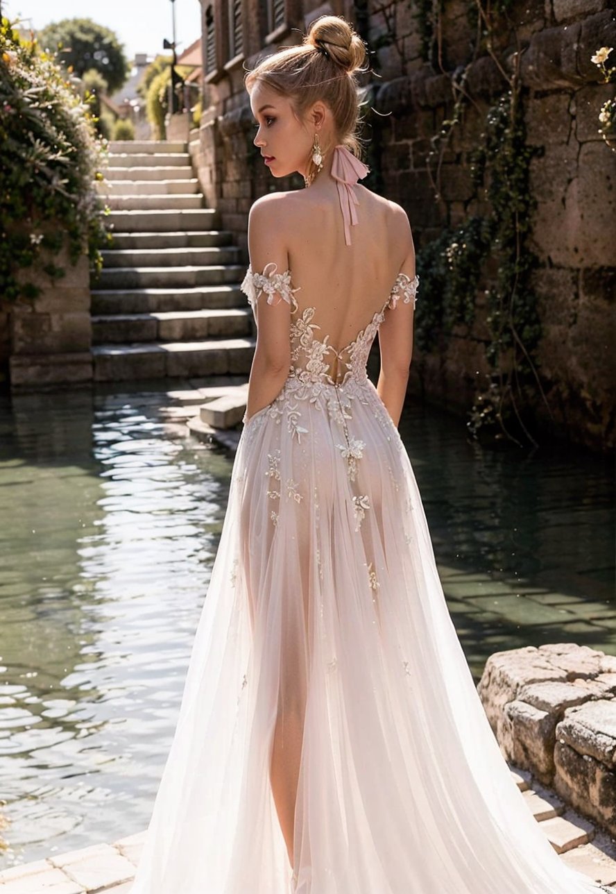 (realistic: 1.3), masterpiece, best quality, front light, look at viewer, 1girl, dancing, ((back view)), ((with pink short ponytail)), wearing a off-shoulder wedding dress with willow-shaped lace standing on a stone staircase by water with her back to the viewer, very small breast, posing for a picture, golden hour, Mottled light and shadow, holding head high, noble and elegant <lora:koreanDollLikeness_v15:0.2>  <lora:weddingdressex:0.8>