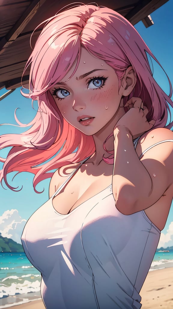 (masterpiece, best quality, highres:1.2), (intricate and beautiful:1.2), (detailed light:1.2), (colorful, dynamic angle), 1 young cute girl, 18yo, pink hair, medium tits, sweaty, beach, upper body shot, fashion photography,dynamic pose, soft light passing through hair, (official art), (cinematic),