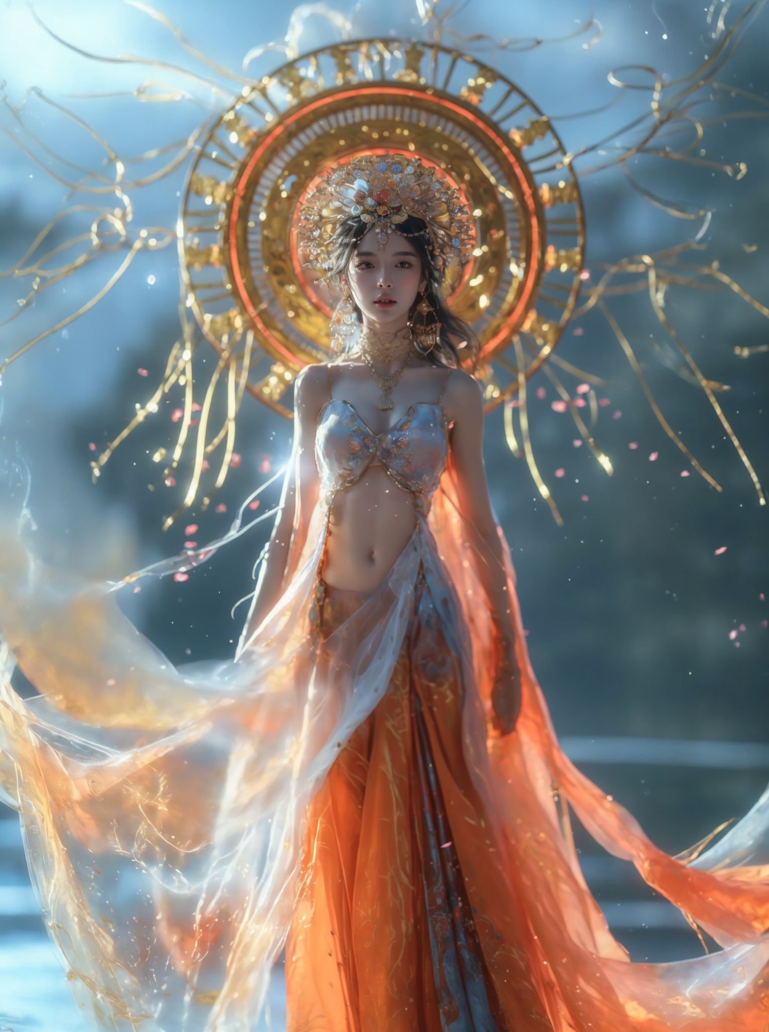 xuer Chinese goddess,1girl,solo,jewelry,navel,black hair,arms at sides,see-through,earrings,bare shoulders,breasts,necklace,hair ornament,looking at viewer,halo,midriff,blurry background,long hair,standing,long skirt,water,parted lips,petals,(from below:1.1),(full body:1.1),(wide shot, wide-angle lens,Panoramic:1.2),<lora:绪儿-中国女神 xuer Chinese goddess:0.75>,<lora:xuer a sense of story girl_20240320200924:0.5>,