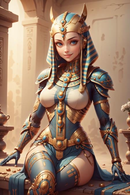 masterpiece, best quality, absurdres, expressive eyes, <lora:EgyptianWorld:1> egyptianworld, 1girl, sitting, armored dress, smiling, looking at viewer,
