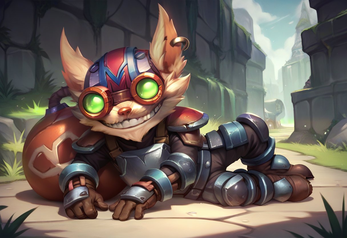 ,score_9, score_8_up, score_7_up, score_6_up,z1ggs, 1boy, male focus, yordle,armor, goggles, helmet, gloves, brown gloves,  <lora:Ziggs_Default_v1:0.9>,on side 