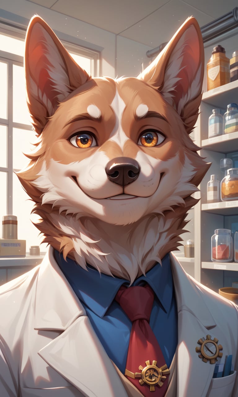 score_9, score_8_up, score_7_up, score_6_up, score_5_up, score_4_up, source_furry,BREAK,detailed face eyes and fur, 1boy, solo, close-up portrait, dog wearing lab coat in a 19th century pharmacy shop interior, steampunk art, global illumination, pose, smile, high detailed, cinematic, complex background