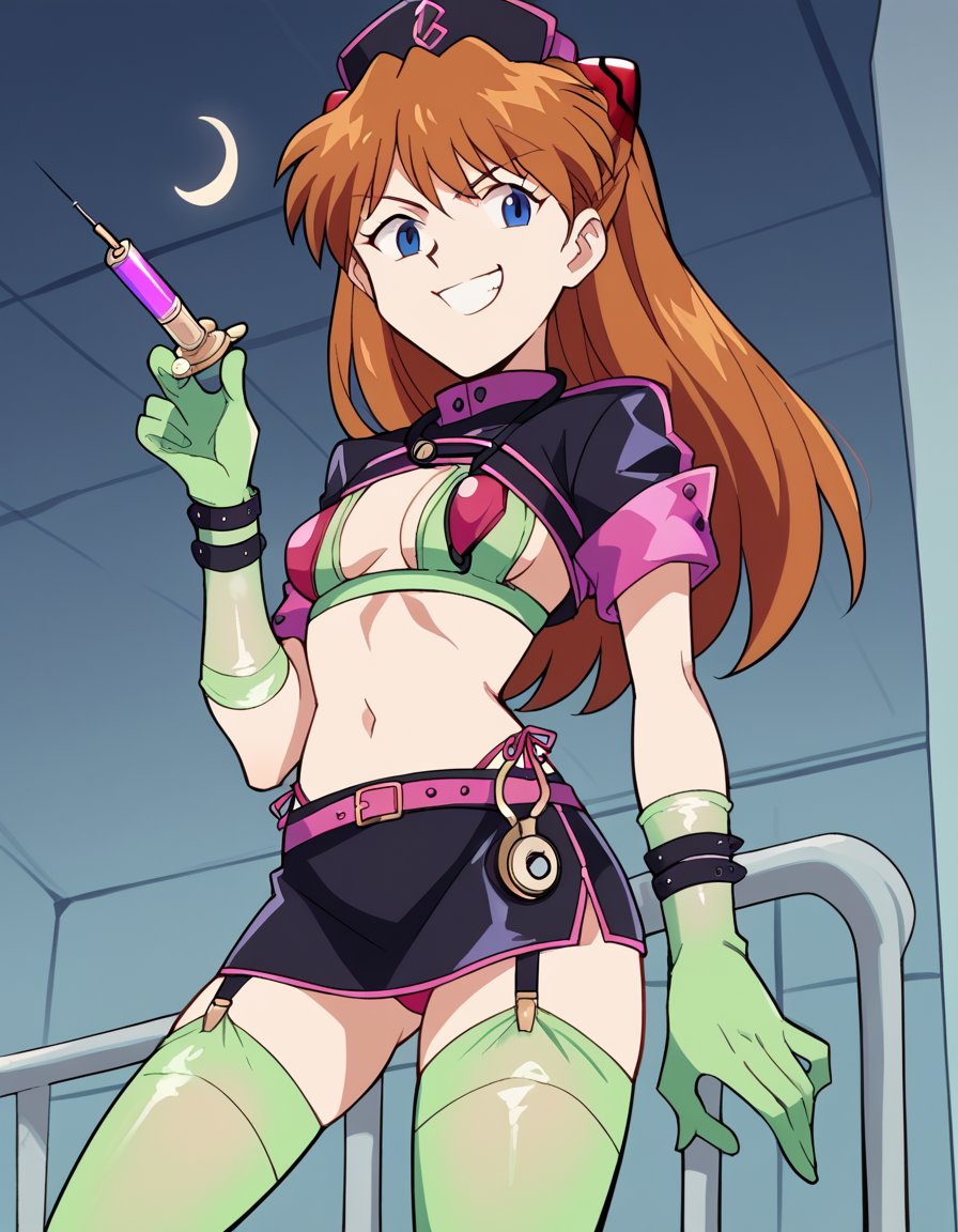 score_9, score_8_up, score_7_up, source_anime, asukalangleysoryu, <lora:asuka-langley-soryuu-classic-ponyxl-lora-nochekaiser:1>, asuka langley soryu, long hair, bangs, blue eyes, brown hair, hair ornament,, <lora:florence-nightingale-halloween-costume-ponyxl-lora-nochekaiser:1>, florence nightingale \(trick or treatment\) \(fate\) \(cosplay\), layered bikini, green gloves, green thighhighs, rubber gloves, purple belt, green bikini, syringe, thighhighs under boots, purple bikini, pink belt, nurse cap, stethoscope, microskirt, holding syringe,, hospital, smile, smug, moon, night,, cowboy shot, dutch angle, solo,