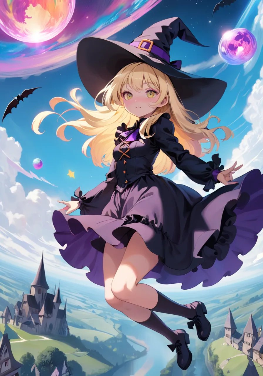 highres,best quality,natural,A psychedelic world spreads out below,Witch girl floating in the sky Wearing a witch hat Frilled fantasy costume Blonde straight hair