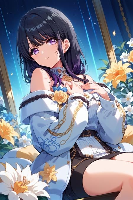 score_9, score_8_up, score_7_up, score_6_up,<lora:Takao_Toka:0.9> takao, 1girl, solo, mole, black hair, mole under eye, purple eyes, long hair, off shoulder, long sleeves, hand on own chest, flower, multicolored hair, bangs, stage outfit, color lights, club stage