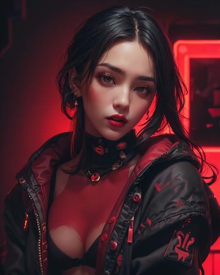 1girl, anger vein, black eyes, black hair, brown eyes, buttons, ear piercing, hoodie, jewelry, lips, lipstick, looking at viewer, multicolored hair, red lips, simple background, solo,(portrait, upper body, dynamic angle:1.2), (neon lights), (red theme:1.2, dark theme:1.3),<lora:add_detail:0.5>