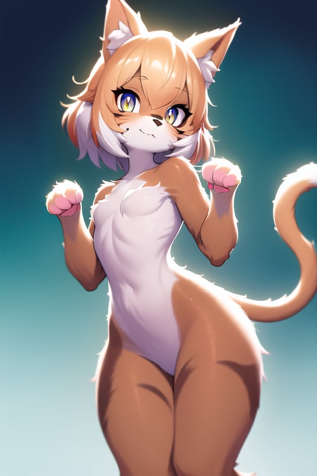 masterpiece, best quality, highres, best illumination, depth of field, complex background, detailed background, looking at viewer, from front, lens flare, furry, furry female, animal ears, cat ears, cat tail, 1girl, tail, cat girl, long hair, (((body fur))), solo, animal ear fluff, ((nude)), three-tone fur, paw, paw pose, animal nose, fur skin, short hair, hair bobbles, (skinny), colorful fur, colorful eyes, 