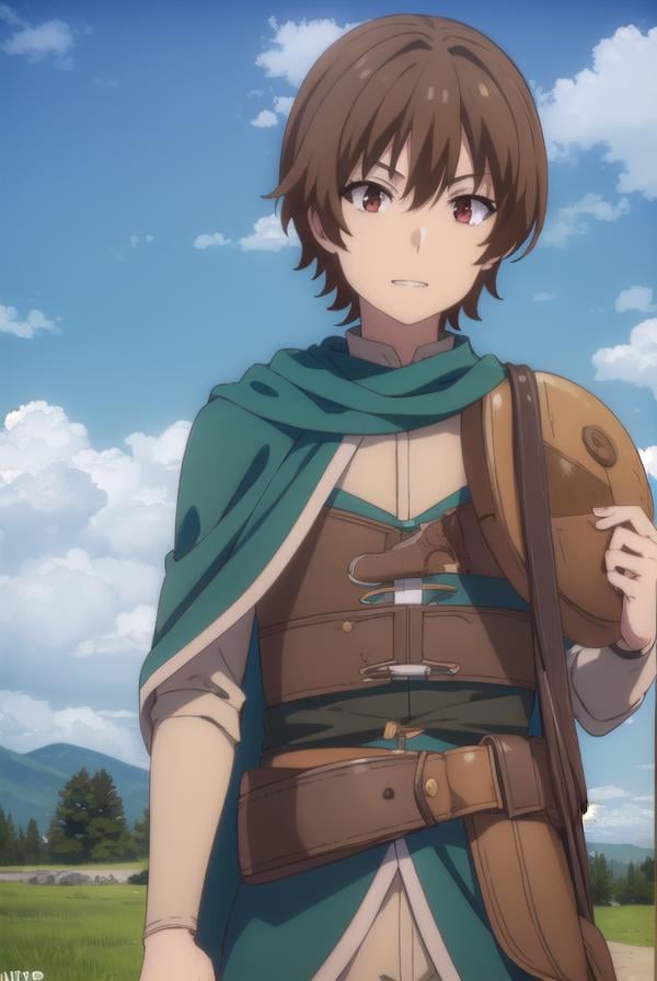 keyaru, <lora:keyaru s1-lora-nochekaiser:1>,keyaru, short hair, (brown eyes:1.5), brown hair, male focus, smile, grin,BREAK cape, armor,BREAK outdoors, forest, nature, grass, trees, sun, sky, clouds,BREAK looking at viewer, (cowboy shot:1.5),BREAK <lyco:GoodHands-beta2:1>, (masterpiece:1.2), best quality, high resolution, unity 8k wallpaper, (illustration:0.8), (beautiful detailed eyes:1.6), extremely detailed face, perfect lighting, extremely detailed CG, (perfect hands, perfect anatomy),