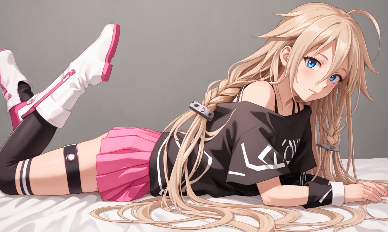 1girl, solo, on stomach <lora:IAXLpony1:1> ia, blue eyes, blonde, ahoge, twin braids, floating hair, very long hair, black off-shoulder shirt, pink pleated skirt, asymmetrical legwear, thigh strap, knee boots, 