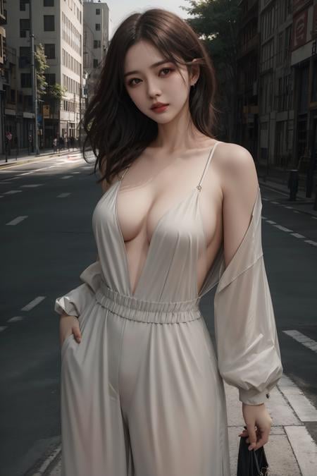 ((best quality)),absurdres,(ultra high res), mature woman in pluging neckline jumpsuit, medium hair, outdoors, looking at viewer, extreamly detailed, realistic, 8k, Masterpiece, <lora:pluging:0.8>