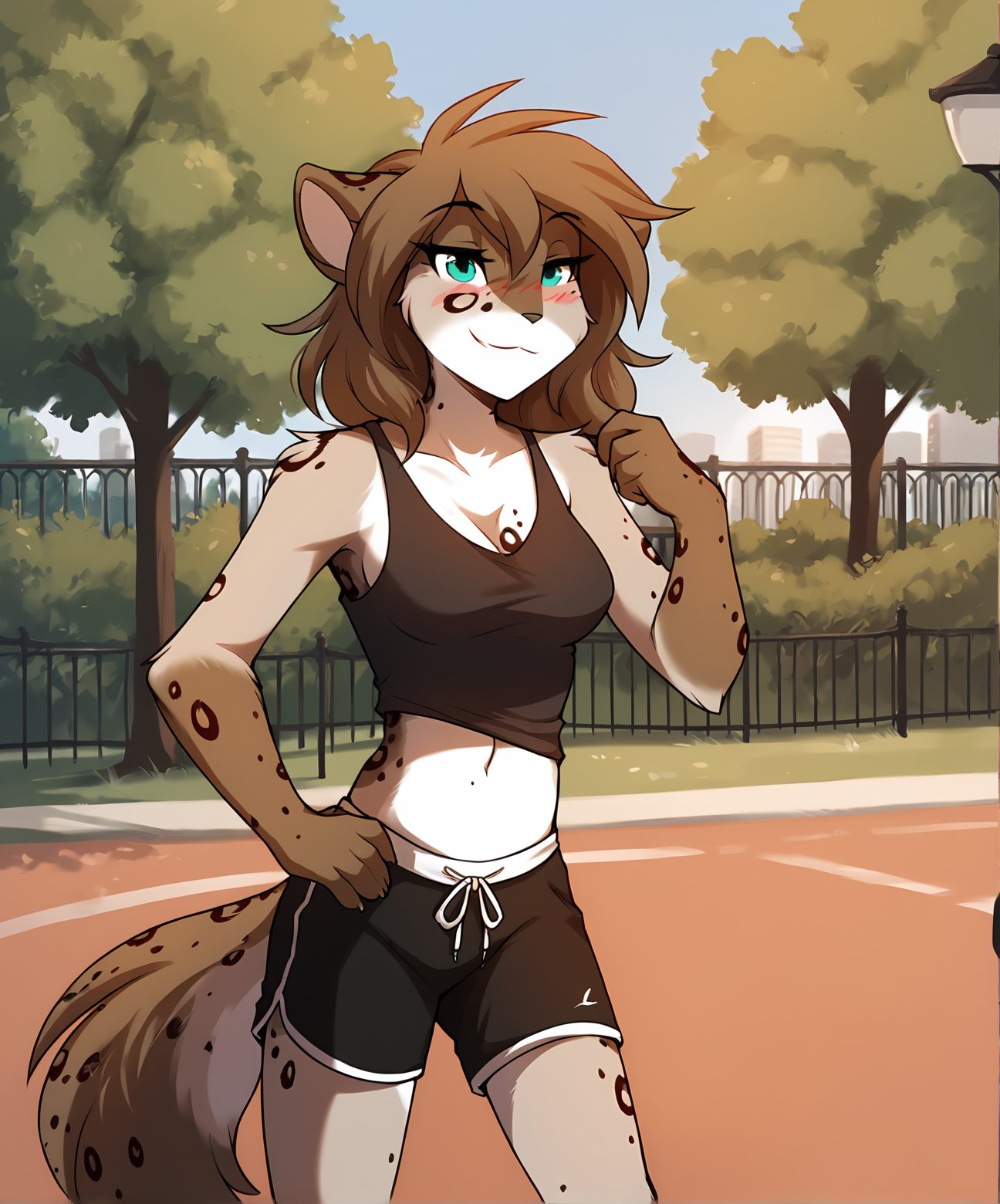 score_9, score_8_up, score_7_up,score_6_up,score_5_up, source_furryBREAKsolo, furry female anthro, medium hair, medium breasts, (blushing, seductive, smug), tank top, gym shorts, midriff, (outdoors, park), upper body shotBREAK<lora:Kathrin-Twokinds-SDXL-AnonTK-V1:1>, kathrin-twokinds, keidran, mammal, canine tail, teal eyes 