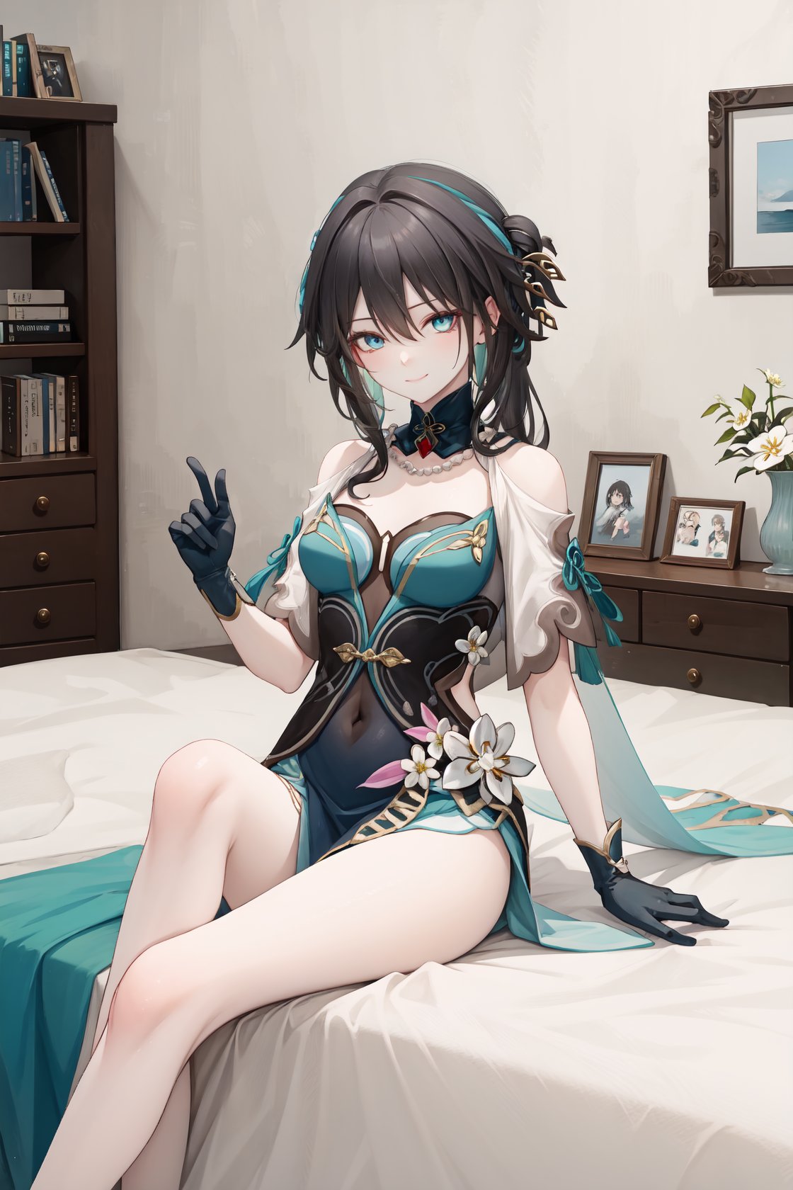 ruanmei,bangs,long hair,dress,gloves,hair between eyes,jewelry,hair ornament,blue eyes,black hair,flower,black gloves,blue dress,<lora:阮梅2-000011:0.9:lbw=role>,indoors,bedroom,sitting on bed,light smile,rosaria,, 1girl,,  (masterpiece,best quality:1.2),absurdres