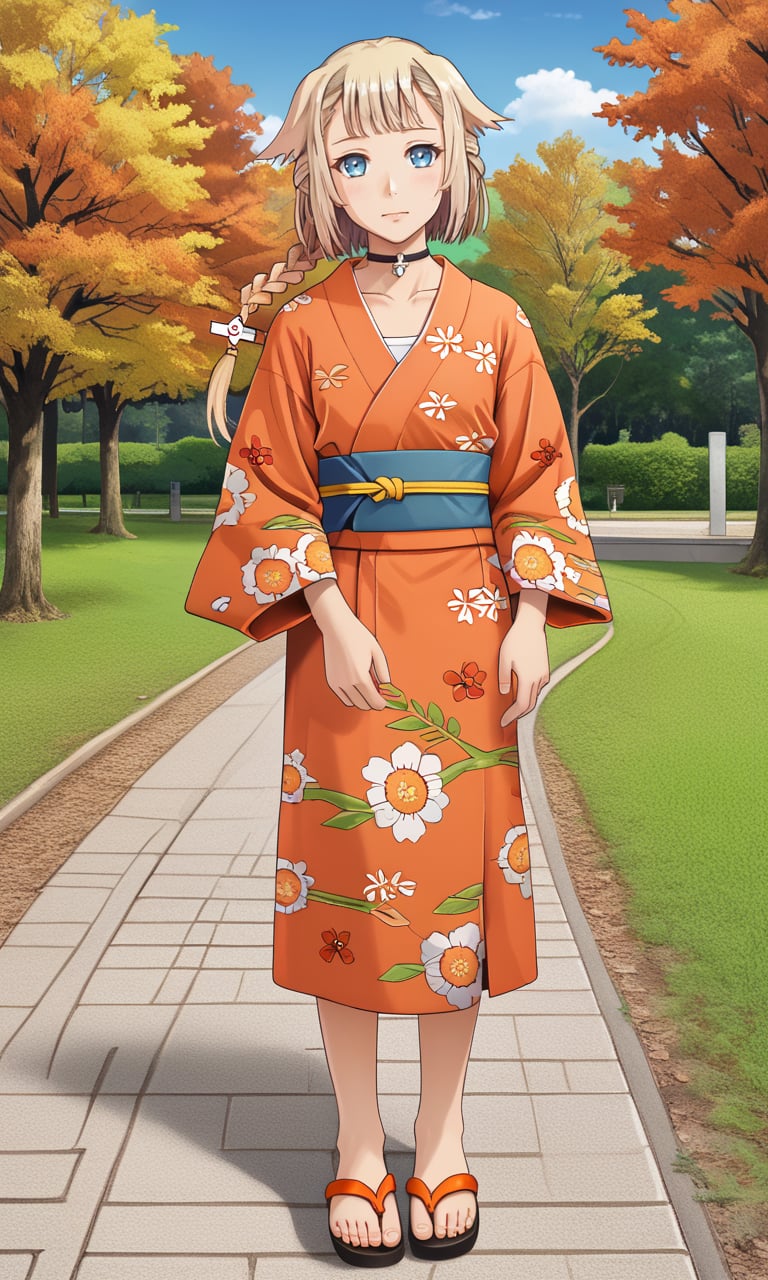 full body, park <lora:ONE_CeVIO:1> ONE_CeVIO,blue eyes,blonde,orange tint,single braid,hair flaps,emblem choker,print_kimono, sandals