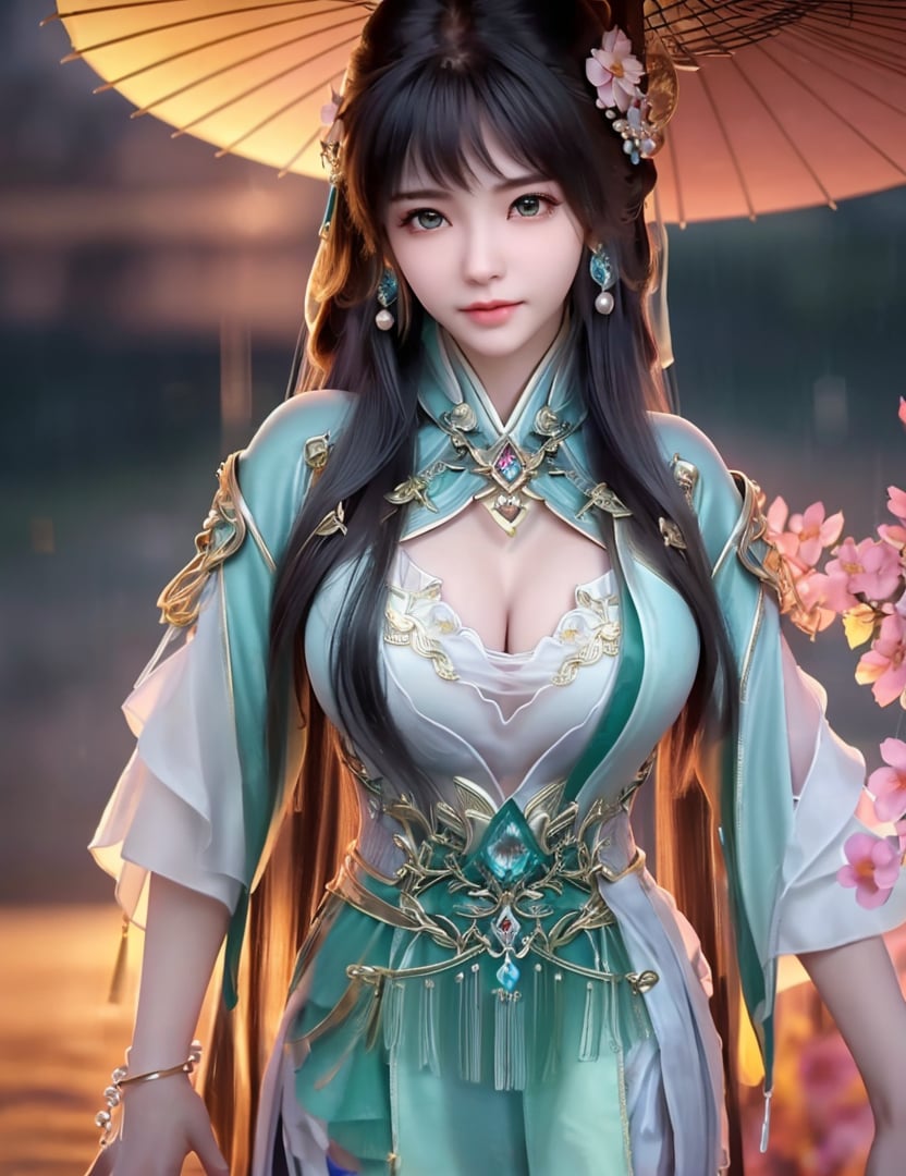 <lora:521-DA-诛仙CG-碧瑶:0.8>(,1girl, ,best quality, ),looking at viewer,  ,,ultra detailed 8k cg, ultra detailed background ,ultra realistic 8k cg,          cinematic lighting, cinematic bloom, (( , )),,  , unreal, science fiction,  luxury, jewelry, diamond, pearl, gem, sapphire, ruby, emerald, intricate detail, delicate pattern, charming, alluring, seductive, erotic, enchanting, hair ornament, necklace, earrings, bracelet, armlet,halo,masterpiece, (( , )),, realistic,science fiction,mole,   ,cherry blossoms,,(((Best quality, masterpiece, ultra high res, (photorealistic:1.4), raw photo, 1girl, ,rain, , sunlight, sunset, qianqiu wanxia,     )))  (cleavage), (),