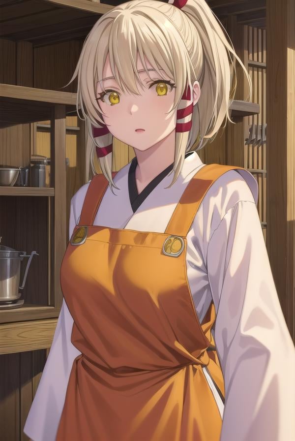 ukanomitamanokami, <lora:uka no mitama no kami s1-lora-nochekaiser:1>,uka no mitama no kami, long hair, blonde hair, hair ribbon, (yellow eyes:1.5), ponytail, tress ribbon,BREAK japanese clothes, miko, apron, (red apron:1.5),BREAK outdoors, shrine,BREAK looking at viewer, (cowboy shot:1.5),BREAK <lyco:GoodHands-beta2:1>, (masterpiece:1.2), best quality, high resolution, unity 8k wallpaper, (illustration:0.8), (beautiful detailed eyes:1.6), extremely detailed face, perfect lighting, extremely detailed CG, (perfect hands, perfect anatomy),