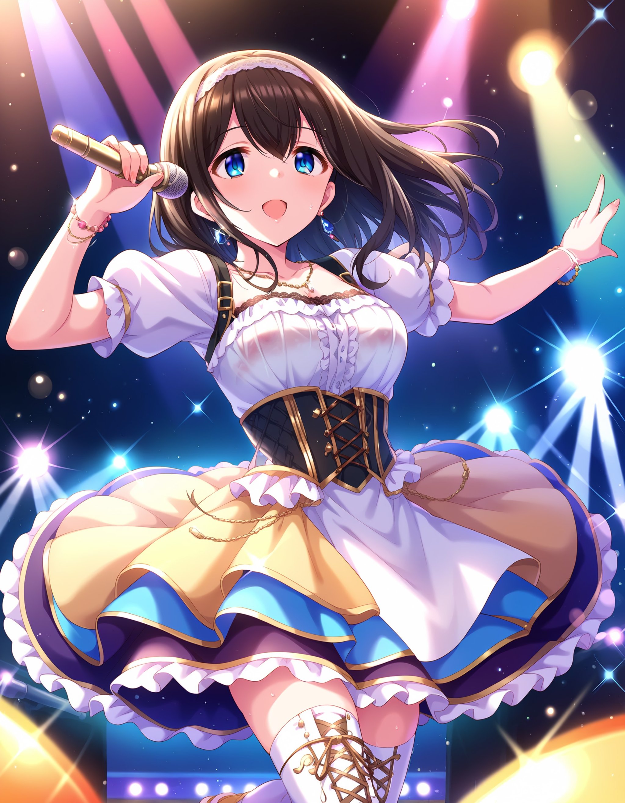 score_9, score_8_up, score_7_up, source_anime,1girl, cute female, solo, idol concert, singing, outstretched arms, microphone, stage, rainbow color theme, colorful, stage lights, multicolored lighting, light particles,  <lora:SagisawaFumika_pony_v1:0.8>sgswfmk, long hair, brown hair, black hair, bangs, hair between eyes, blue eyes, large breasts, white hairband, hair hair ornament, dress, corset, bubble skirt, thighhighs, boots,lipstic, detailed eyes, eyelashes, eyeliner, jewelry, necklace, bracelet, earrings, 