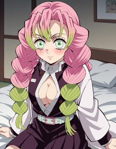 score_9, score_8_up, score_7_up, source_anime,mitsurikanroji, <lora:mitsuri-kanroji-anime-ponyxl-lora-nochekaiser:1>,mitsuri kanroji, braid, gradient hair, green eyes, green hair, long hair, mole, mole under eye, multicolored hair, pink hair, twin braids, two-tone hair,belt, black skirt, cleavage, coat, demon slayer uniform, haori, japanese clothes, long sleeves, miniskirt, partially unbuttoned, pleated skirt, skirt, uniform,indoors, bed, bed room, on side, blush, drunk,solo, dutch angle, looking at viewer, cowboy shot,