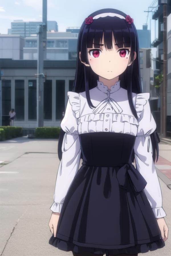 rurigokou, <lora:ruri gokou s2-lora-nochekaiser:1>,ruri gokou, long hair, black hair, (red eyes:1.3), dress, pantyhose, hairband, mole, mole under eye, hime cut, BREAK dress, pantyhose, black dress, frills, puffy sleeves, long sleeves,BREAK outdoors, city,BREAK looking at viewer, (cowboy shot:1.5),BREAK <lyco:GoodHands-beta2:1>, (masterpiece:1.2), best quality, high resolution, unity 8k wallpaper, (illustration:0.8), (beautiful detailed eyes:1.6), extremely detailed face, perfect lighting, extremely detailed CG, (perfect hands, perfect anatomy),