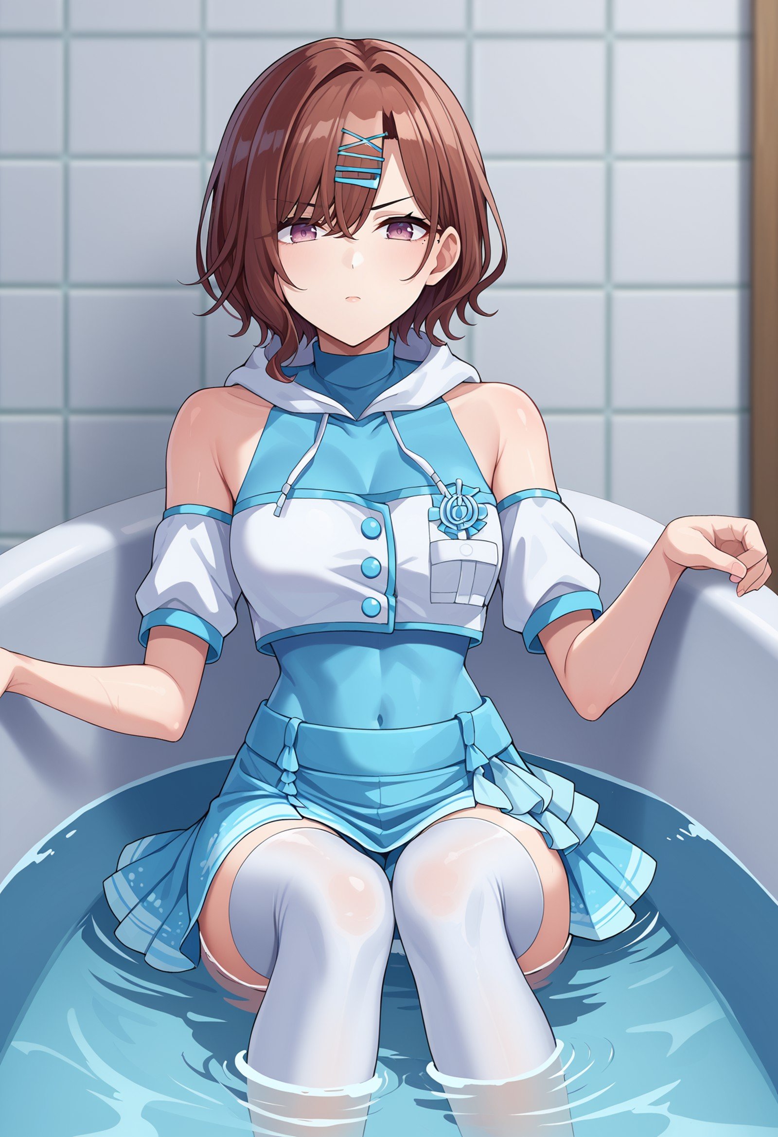 score_9, score_8_up, score_7_up, BREAK source_anime, 1girl, higuchi madoka, short hair, brown hair, x hair ornament, purple eyes, blue shirt, cropped jacket, off shoulder, blue skirt, white thighhighs, serious, blurry foreground, bathtub <lora:brj-madoka-pony-v0.5-000008:1>