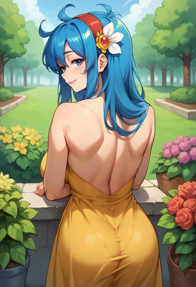 score_9,score_8_up,score_7_up BREAK 1girl,tecnaymrm,solo,from behind,garden,blue hair,blue eyes,hairband,hair ornament,yellow sundress,looking back,seductive smile,<lora:Tecna_Yumurama-000008:1>,