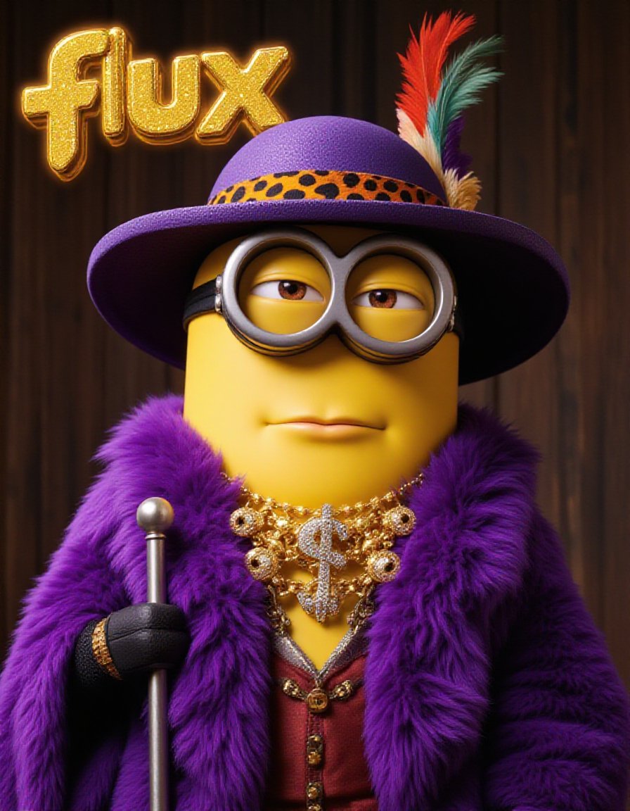 First - at the top of the image golden letters spelling out "flux neocreative" Second - A photorealistic image of a Minion from Despicable Me, dressed as a pimp. The Minion is wearing a luxurious purple fur coat, a wide-brimmed hat with a feather and leopard pattern band, and holding a silver-tipped cane. He’s adorned with diamond rings and a golden dollar sign necklace, all reflecting light in a dazzling display. The Minion's expression is smug, full of attitude, as he strikes a confident pose. The background is minimal, ensuring the focus remains on the hilarious and over-the-top ensemble. Masterpiece quality, highly detailed, capturing the absurdity of the scene