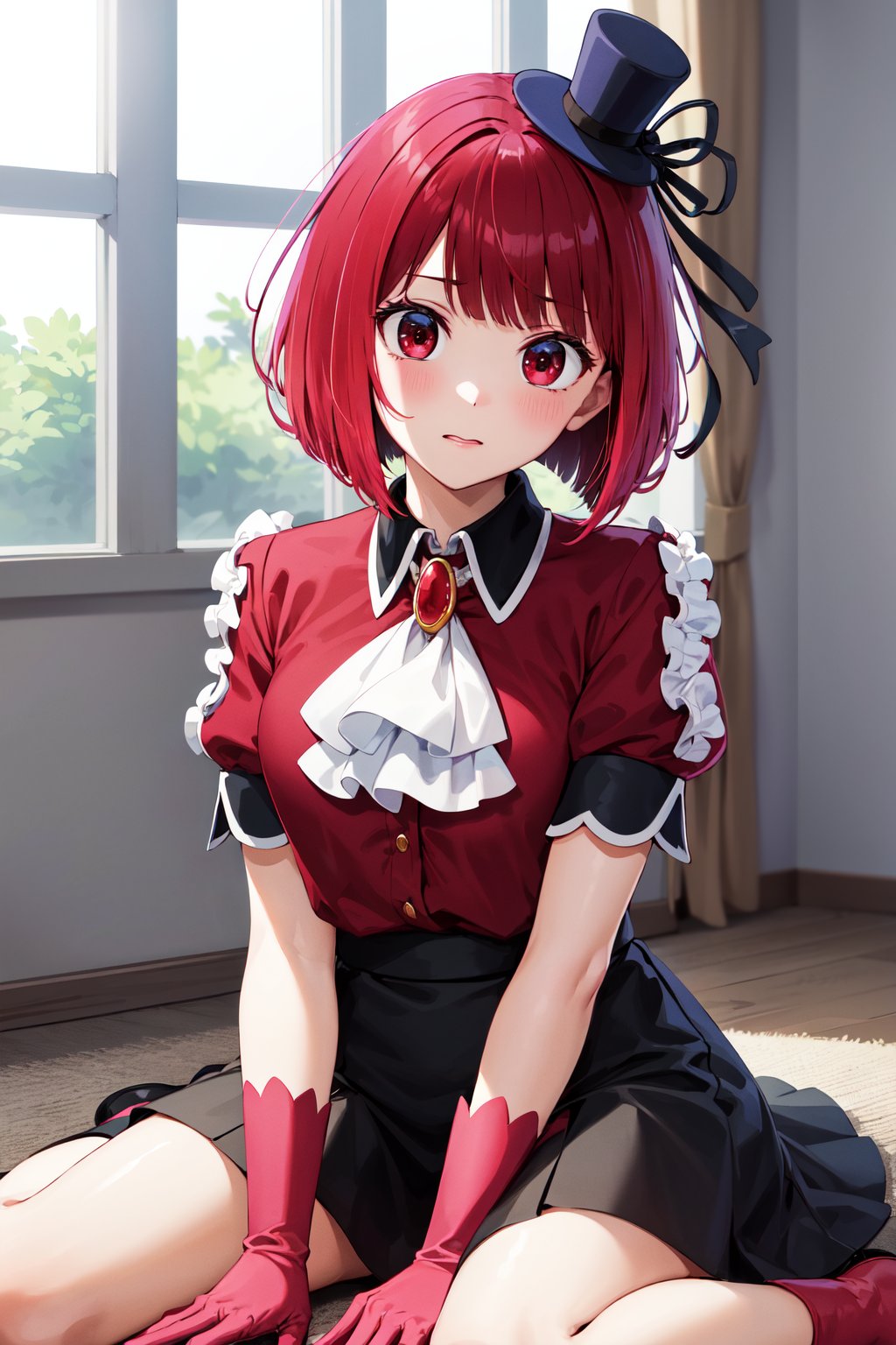 masterpiece, best quality, highres, aakana, short hair, mini hat, head tilt, red eyes, jewelry, brooch, white ascot, frills, red shirt, short sleeves, pink gloves, black skirt, <lora:arima_kana_v1:0.7>, wariza, sitting, indoors, surprised, 