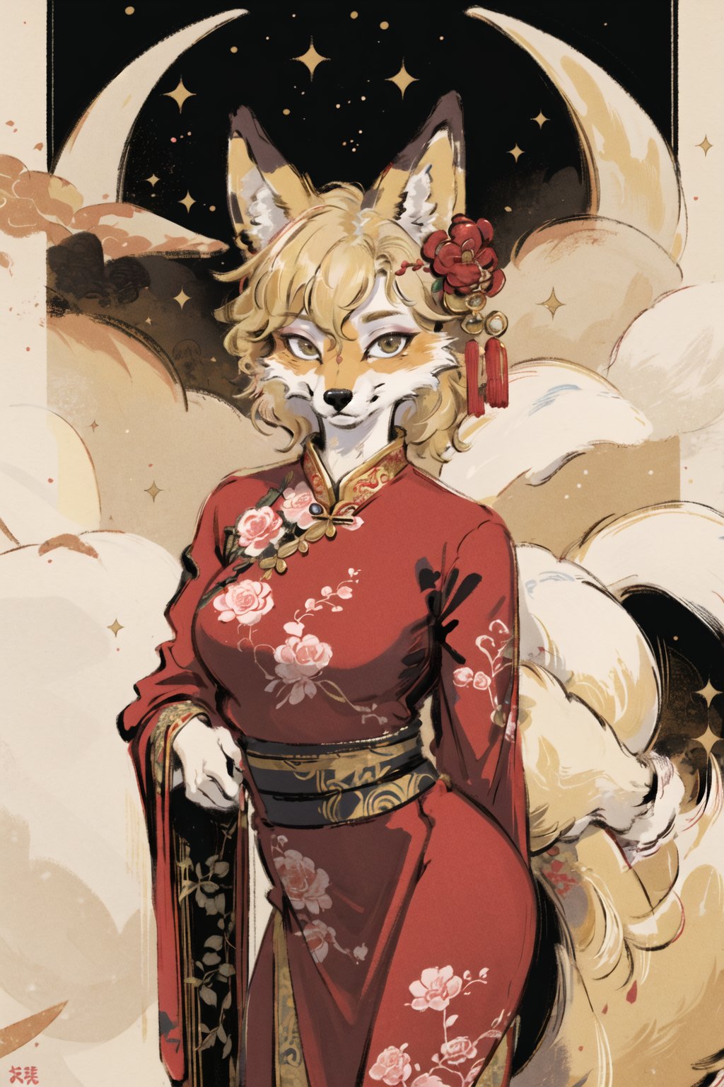 masterpiece,highres,furry fox girl,solo,blonde,chinese dress, hair ornament, anicent chinalooking at viewer, 