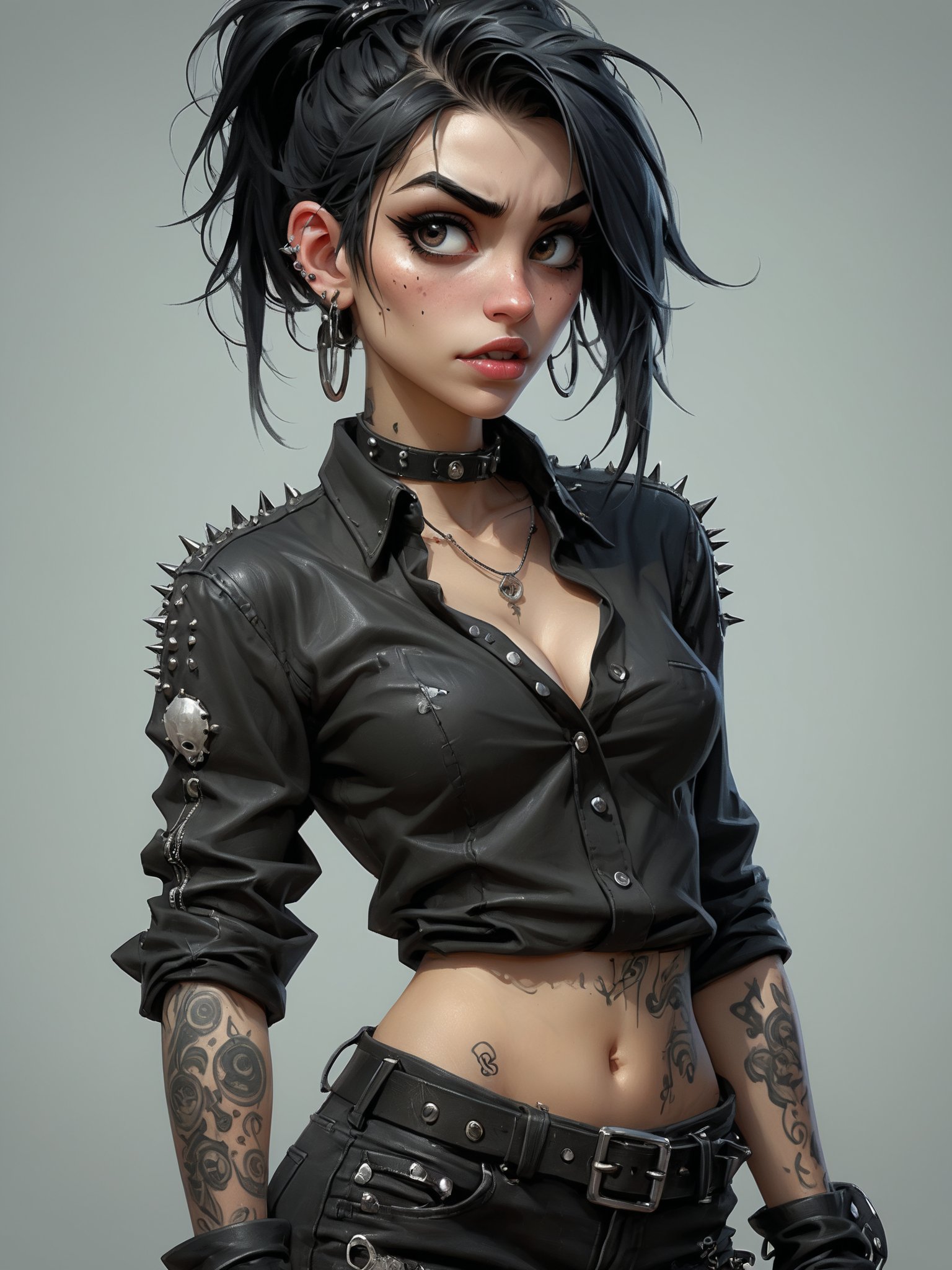 goth girl, her messy jet black hair is pulled back in a ponytail, the scars over her face are prominent but look old, she’s dressed all in black wearing a black long sleeve shirt covered in silver studs and spikes, tight black jeans, leather combat boots, she’s covered in tattoos, and piercings. character illustration by felicien rops, illustration, conceptual art, epic action, Unreal Engine, cinematic award winning artwork, many details, extreme detailed, full of details,Wide range of colors., dramatic, Dynamic,Cinematic,Sharp details, Insane quality. Insane resolution. Insane details. Masterpiece. 32k resolution. casting shadow style, cucoloris patterned illumination,  dvr-lnds-sdxl, ral-dissolve, ral-ertmsphr, ral-porcelain, ral-pxlprtcl, Niji, aidma-niji