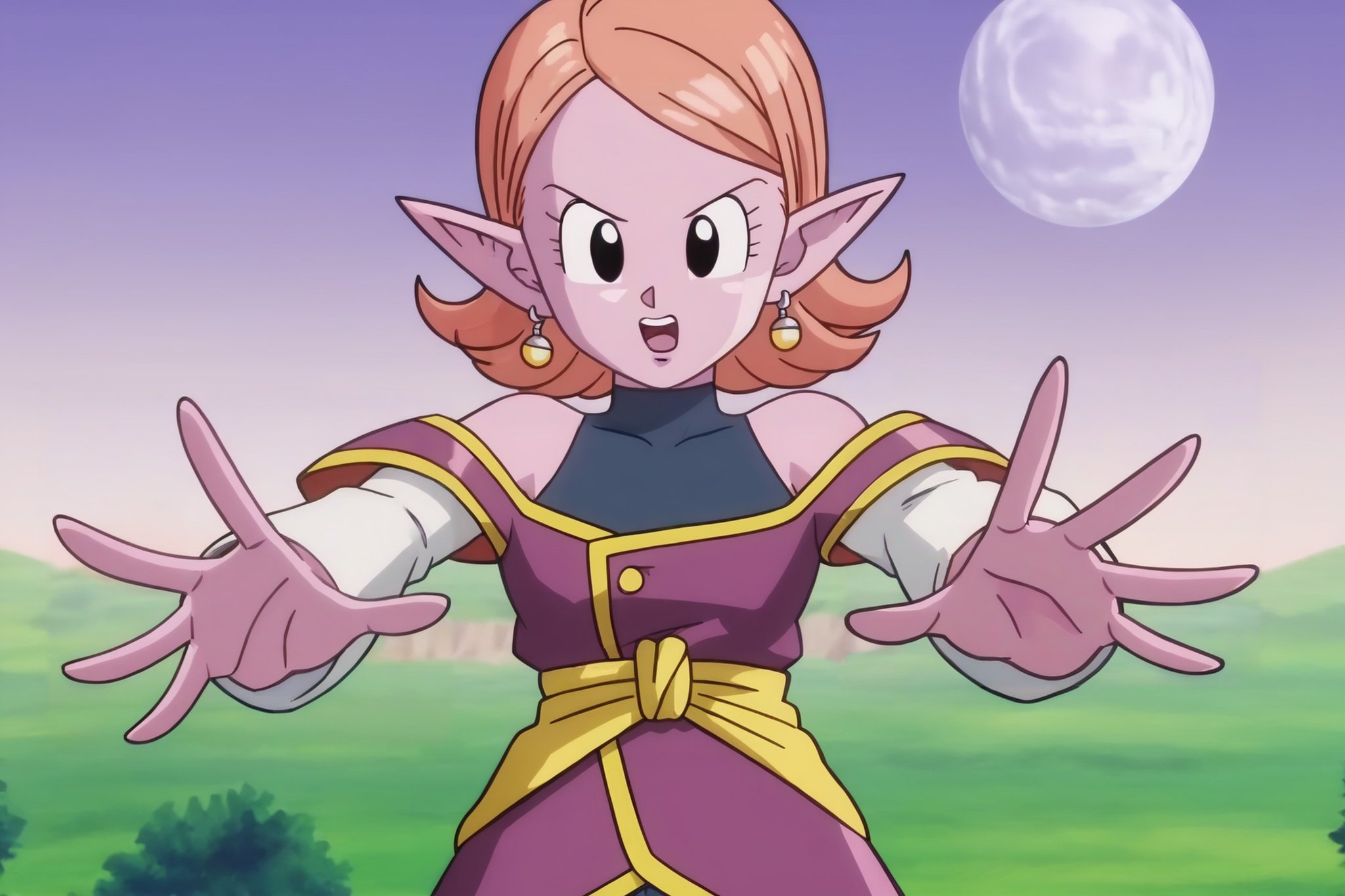 source_anime, score_9, score_8_up, score_7_up, anime screencap,8k, absurdres, chronoa, 1girl, solo, looking at viewer, open mouth, bare shoulders, potara earrings, pointy ears, black eyes, colored skin, moon, outstretched hand, palms, purple skin, orange hair, yellow sash, white sleeves, v-shaped eyebrows, sleeveless turtleneck leotard, small breasts, Sacred World of the Kai, purple tunic, teeth, kai tunic, off shoulder, eyelashes, detached sleeves, collarbone, blue leotard, blue pants,  <lora:chronoa_pony_v2:0.8>