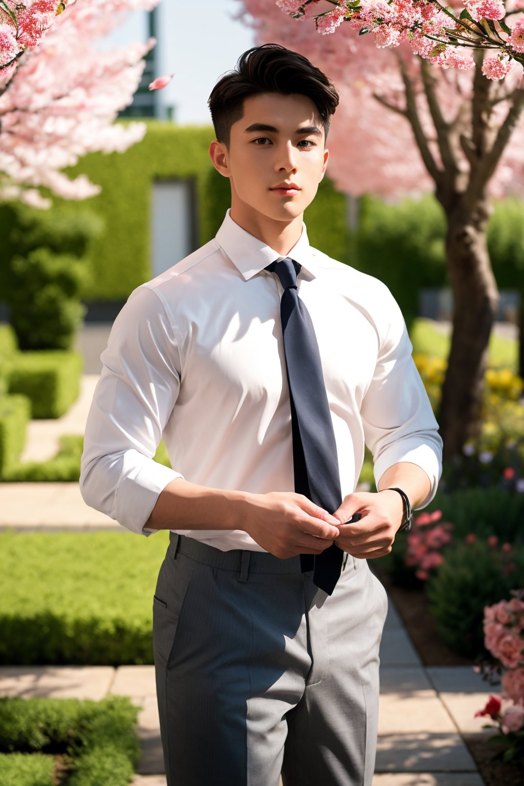 masterpiece,1 boy,Young,Handsome,Look at me,Short hair,Tea hair,Students,White shirt,Striped tie,Gray shorts,Stand,Outdoor,Garden,Peach tree,Flying petals,Light and shadow,HDR,textured skin,super detail,best quality,