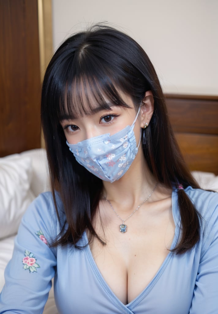 (best quality, masterpiece:1.3),1girl,jinyu.1girl,solo,big breasts,cleavage,narrow_waist,slender,pale_skin,long hair,straight_hair,(masks:1.2),(mouth_mask:1.3),china_dress,print_cheongsam,color contact lenses,mole under eye,nail_art,portrait,(stud earrings:1.2),(front view:1.2),(looking_at_viewer:1.4),(eye-contact:1.4),pendant,necklace,sweater,dress,(In Bed:1.2), <lora:半透浅蓝色情趣旗袍风:0.8>