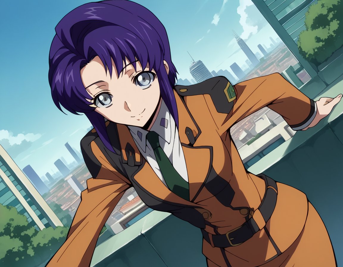 score_9, score_8_up, score_7_up, source_anime,cecilecroomy, <lora:cecile-croomy-s1-ponyxl-lora-nochekaiser:1>,cecile croomy, short hair, grey eyes, purple hair,necktie, belt, uniform, military, military uniform,outdoors, cityscape, bent over, smile,looking at viewer, dutch angle, cowboy shot, solo,