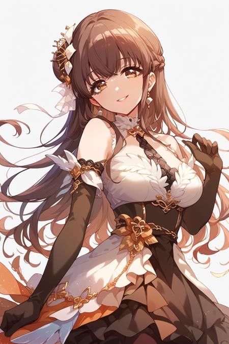 score_9, score_8_up, score_7_up, score_6_up, 1girl, <lora:Amano_Airi:0.9> amano, solo, long hair, brown hair, dress, gloves, looking at viewer, hair ornament, bare shoulders, elbow gloves, breasts, smile, brown eyes, bangs, navig