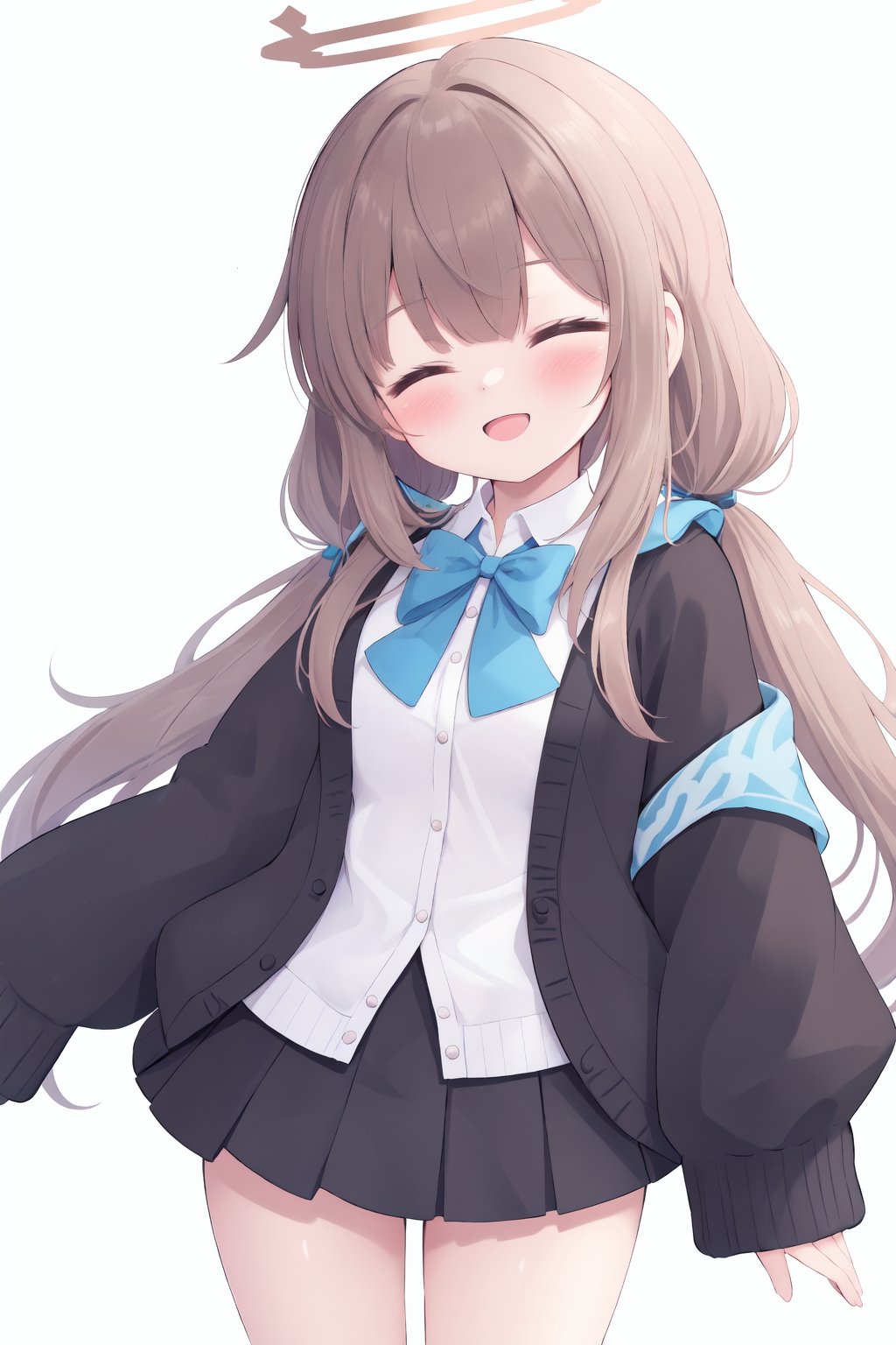 1girl, solo, twintails, halo, closed eyes, simple background, white background, hifumi (blue archive), blush, low twintails, long hair, light brown hair, open mouth, cardigan, smile, sleeves past wrists, cropped legs, facing viewer, bangs, long sleeves, skirt