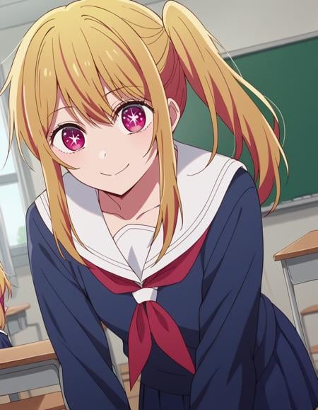 score_9, score_8_up, score_7_up, source_anime,rubyhoshino, <lora:ruby-hoshino-s1-ponyxl-lora-nochekaiser:1>,ruby hoshino, long hair, bangs, blonde hair, pink eyes, sidelocks, symbol-shaped pupils, multicolored hair, two-tone hair,side ponytail, long sleeves, school uniform, serafuku, sailor collar, neckerchief, cardigan, red neckerchief, white sailor collar, skirt, blue skirt,indoors, classroom, bent over, smile,looking at viewer, cowboy shot, dutch angle, solo,