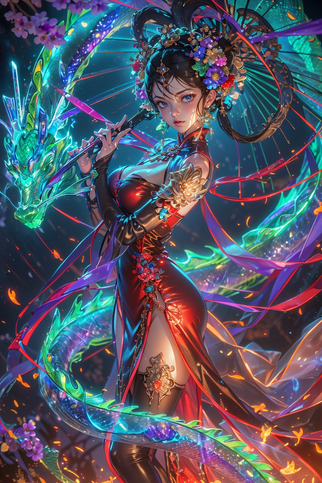 1girl black hair blue fire breasts breathing fire burning cleavage dress energy explosion fire fish flame flaming sword flaming weapon glowing hair ornament hitodama lantern lightning looking at viewer magic magic circle medium breasts molten rock pyrokinesis short hair spirit splashing thighhighs water 