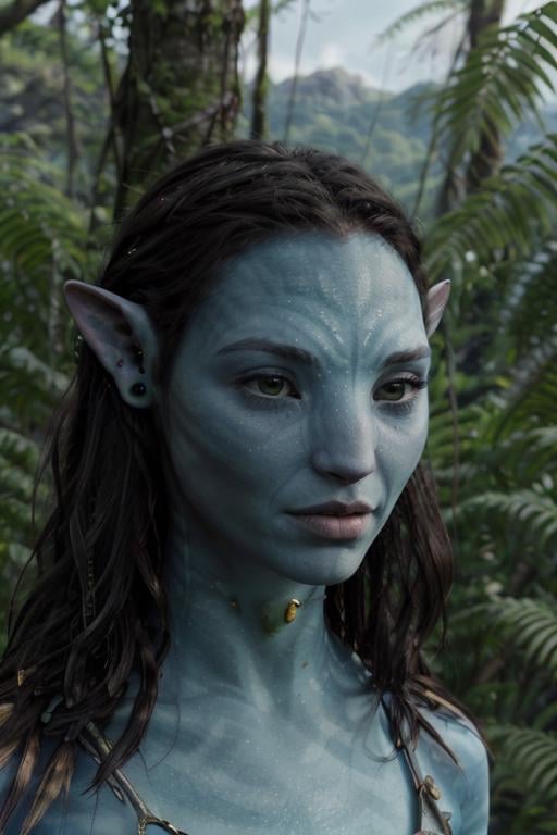 (masterpiece, best quality, high quality), RAW photo, (good body, good proportion, good anatomy, good fingers, good hands), detailed skin, detailed face, <lyco:GoodHands-beta2:1> blue skin:1.2, pointy ears, neytiri, avatar \(movie\), bracelet, yellow eyes, jewelry, tail, portrait, forest, jungle (covered nipples, loincloth), depth of field <lora:Neytiri:0.6>            <lora:Gal_Gadotv3:0.7> 1girl, long hair, black hair, solo, forehead, toned