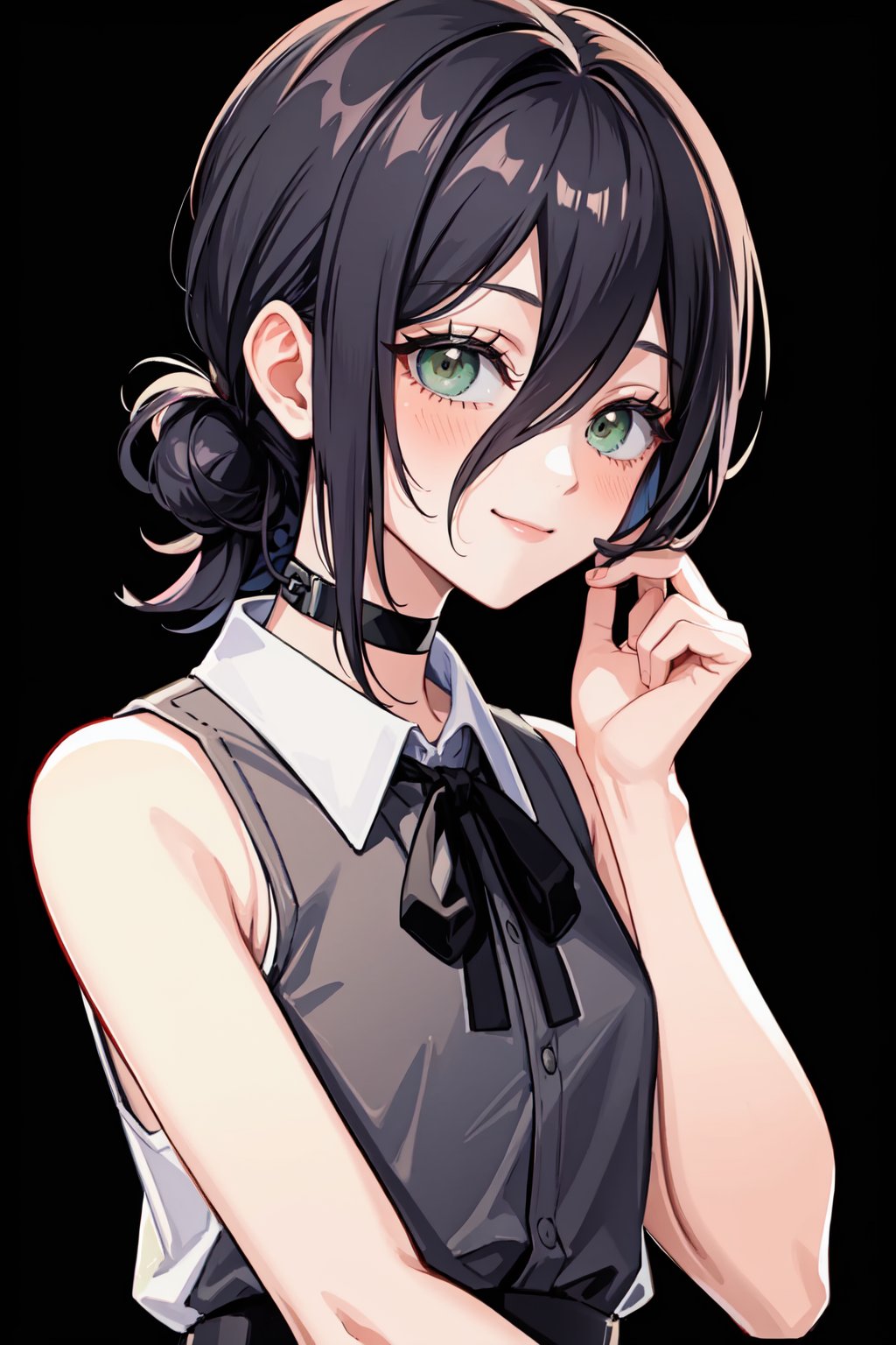 masterpiece,best quality, highly detailed, reze_(chainsaw_man),1girl,solo,looking_at_viewer,black_choker,smile,blush,white_shirt,sleeveless_shirt,collared_shirt,simple_background,single_hair_bun<lora:reze_(chainsaw_man):1>,simple background,white background