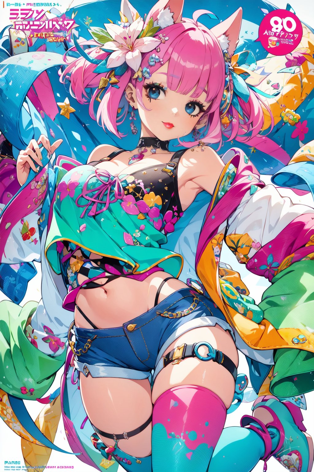 faux traditional media, mature female, beautiful, anime visual, (magazine cover:1.2), ultra-detailed shot of a princess, beautiful, pink hair, flower hair ornament, polka dot,1girl, avatar icon, game character concept, jrpg, 800mm lens, off shoulder, hoodie, ribbed sweater, sharp focus, depth of field, volumetric lighting, ((stylish, vintage)), (pinup:0.5), (shorts:1.2), studio lighting, (asymmetrical legwear),1 girl,Kawaii Figurines Style,hirom1tsu<lora:EMS-1093-EMS:0.500000>, <lora:EMS-352161-EMS:1.500000>