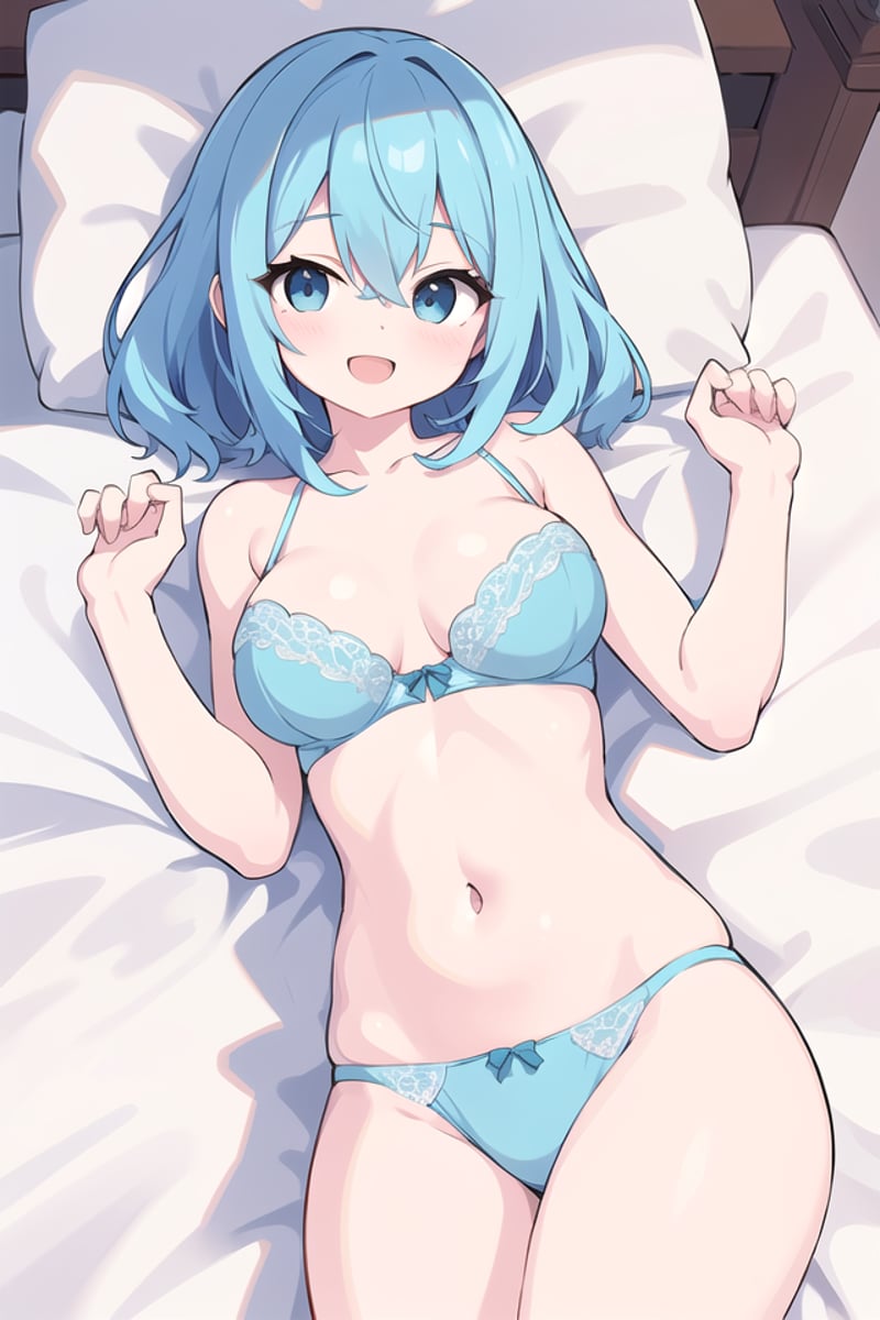 insanely detailed, absurdres, ultra-highres, ultra-detailed, best quality,1girl, solo, nice hands, perfect handsBREAKnude, (blue:1.3) bra, (blue:1.3) pantiesBREAKhappy smile, laugh, open mouth,(lying:1.3) on bed, cowboy shot, from aboveBREAKslender, kawaii, perfect symmetrical face, ultra cute girl, ultra cute face, ultra detailed eyes, ultra detailed hair, ultra cute, ultra beautifulBREAKelegant hotel room, closed curtains, antique interior, ultra detailed background,cinematic light, indirect lighting, evening light, depth of field,large breasts, cleavageBREAK(turquoise blue medium hair, black eyes), hair between eyes