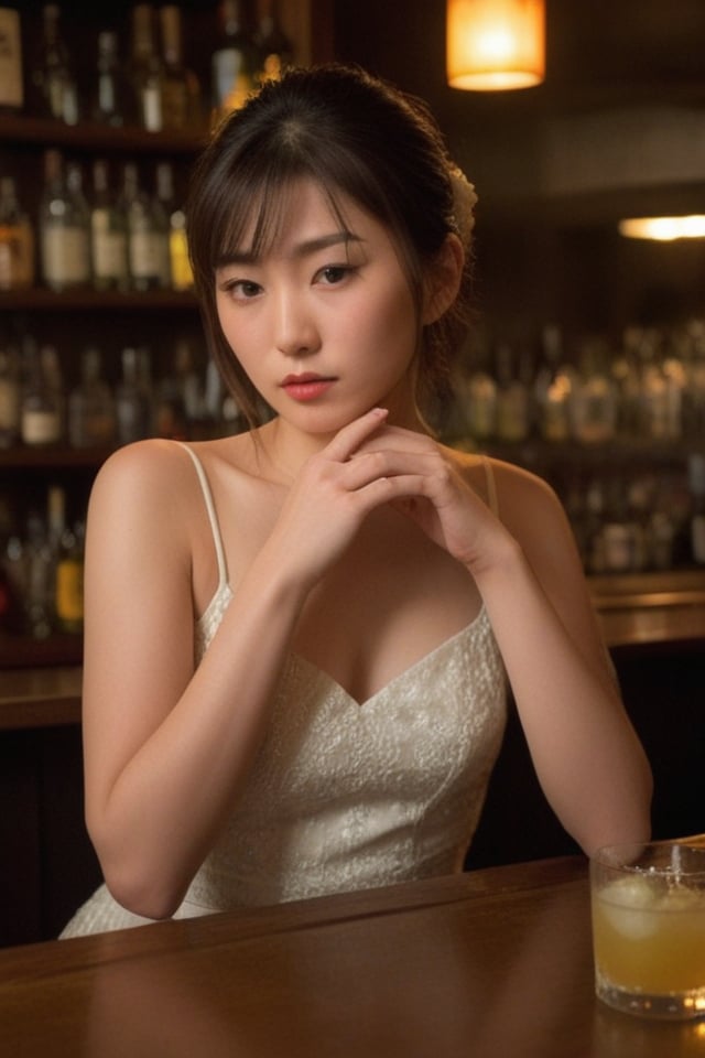 (vivid:1.2), HDR, 20yorealistic photo of a Japanese woman,"A vintage-inspired wedding gown with a modern twist.""A woman with a relaxed demeanor sips her cocktail through a straw, her gaze lost in thought. The low lighting of the bar casts dramatic shadows on her face, highlighting her elegant features and creating an air of mystery. The composition is carefully framed, showcasing the woman's contemplative mood and the intimate ambiance of the bar."